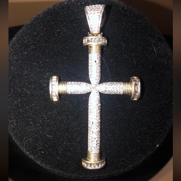 Vintage Other - Sterling Silver & 14K Baguette sided cross pendant vintage